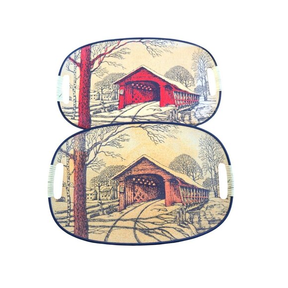 Mid Century Modern Covered Bridge art Fiberboard Serving  Vintage Tray TV tray - Picture 6 of 8